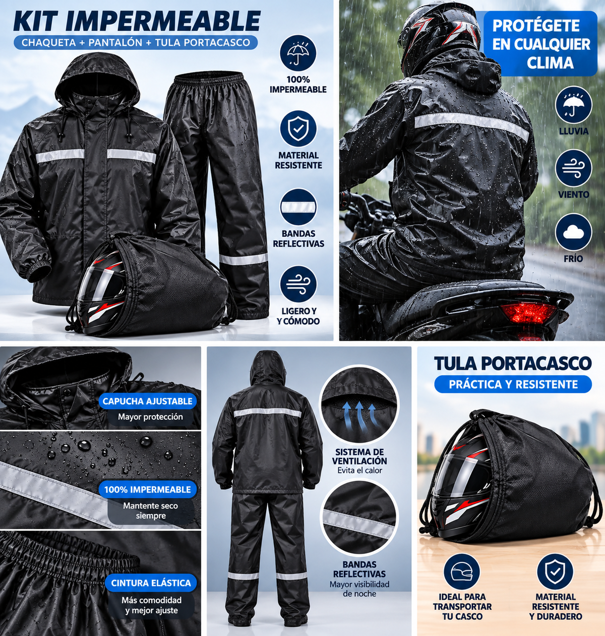 Kit impermeable + bota + tula portacasco